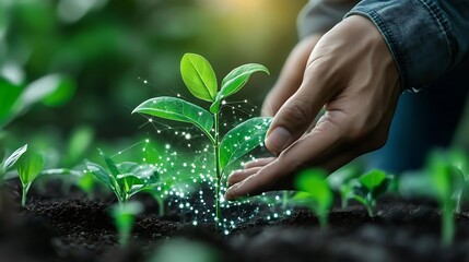 Fototapete - Smart farming holding young plant Smart farming and precision agriculture 40 agriculture concept : Generative AI
