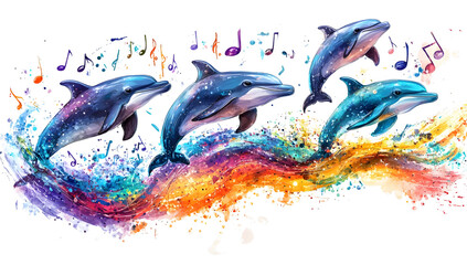 Vibrant dolphins leaping through a colorful cosmic wave, blending colors and textures for a magical underwater scene.