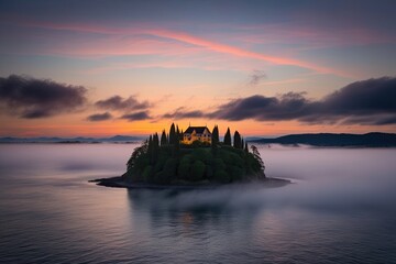 Wall Mural - Mysterious Island Shrouded in Mist with Stunning Sunset Landscape