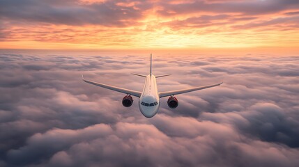 Wall Mural - Airplane Flying Above the Clouds at Sunset