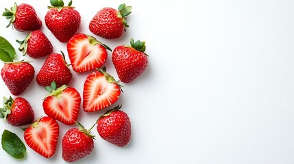 Poster - Fresh red strawberries with half slice isolated on white background top view flat lay : Generative AI