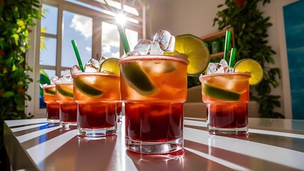 Close up view of refreshing caipirinha cocktails with lime and ice on tabletop on white