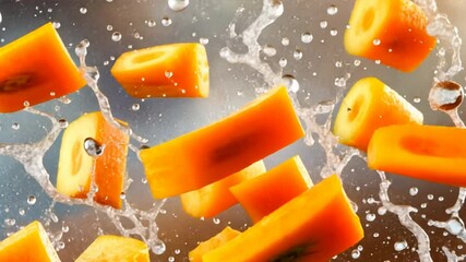 Poster - A bunch of orange and green vegetables are being washed in a sink. The vegetables are cut into small pieces and are floating in the water. The water is bubbling and splashing, creating a lively