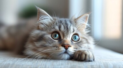 A fluffy grey cat with bright blue eyes looks curiously at something off-camera.