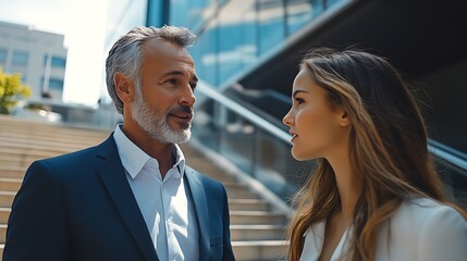 Canvas Print - Mature businessman in suit talking to young business woman on stairs in front of office building : Generative AI