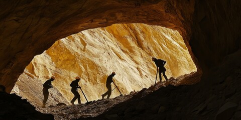 Silhouettes of men with shovels exiting a cave.