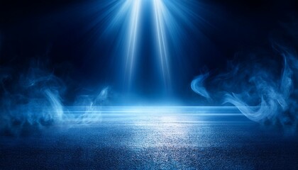 Poster - Rays, spotlights light. Empty dark scene with blue light. Asphalt blue dark street with smoke.
