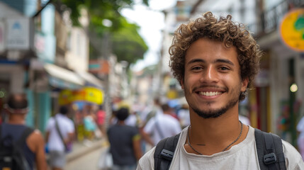 Young smiling Brazilian man in casual clothes on the street in Rio de Janeiro, boy, guy, male portrait, Portuguese, nationality, South America, Brazil, local, indigenous, portrait, teen, student