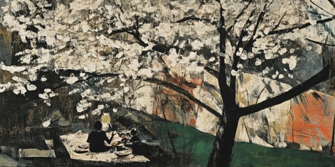 Wall Mural - A family having a picnic under a blossoming tree 