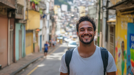 Young smiling Brazilian man in casual clothes on the street in Rio de Janeiro, boy, guy, male portrait, Portuguese, nationality, South America, Brazil, local, indigenous, portrait, teen, student