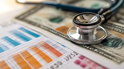 Leinwandbilder - Stethoscope and US dollar banknotes on chart or graph paper Financial account statistics and business data  medical health concept : Generative AI