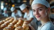 © The Little Hut - Young baker apprentice baking buns in big bakery with team in background : Generative AI