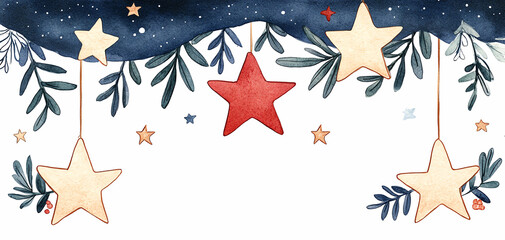 Charming watercolor design featuring stars and leaves, perfect for festive themes, card making, and seasonal decorations.