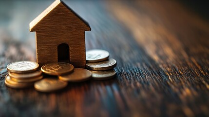 Poster - Wood house and row of coin money on wood table and  selective focus Planning to buy property Choose whats the best A symbol for construction ecology loan concepts : Generative AI