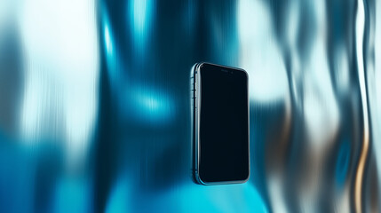 a sleek smartphone, isolated on a soft metallic gradient background in shades of silver and blue