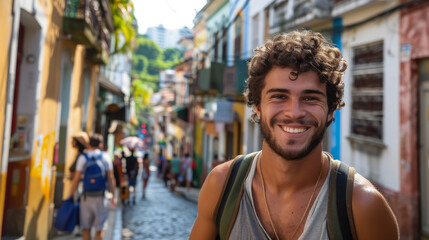 Young smiling Brazilian man in casual clothes on the street in Rio de Janeiro, boy, guy, male portrait, Portuguese, nationality, South America, Brazil, local, indigenous, portrait, teen, student