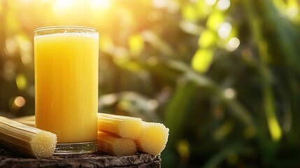 Fresh squeezed sugar cane juice with sugar cane plantation farming background : Generative AI