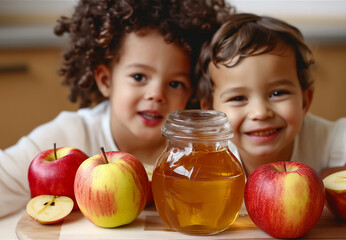 Wall Mural - Rosh Hashana scene with two children enjoying apples and honey at a table, highlighting the traditional symbols of the Jewish holiday. Selective focus.