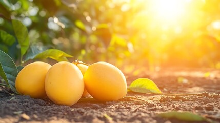 Poster - A picture of Beautiful Ripe Yellow Mangoes lying on the ground with a Beautiful Background and Morning Sun rays : Generative AI