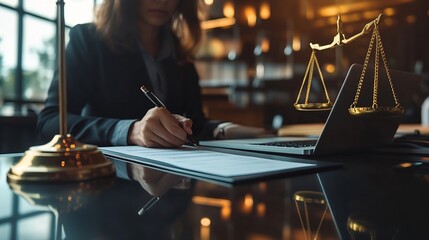 Aufkleber - lawyer write drafts a legal document at a desk with stationery and a laptop in a casual law firm office atmosphere : Generative AI