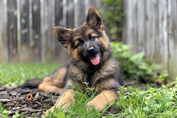 Wall Mural - a dog laying in the grass with its tongue out