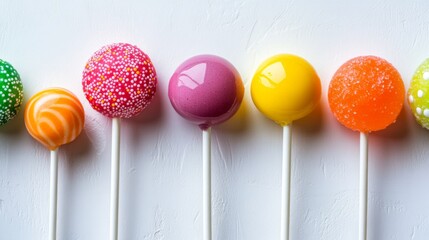 Leinwandbilder - A close-up of a group of assorted lollipops with different flavors and colors, neatly arranged on a white surface to capture their vibrant and fun essence.