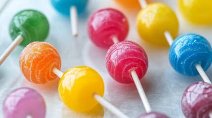 Leinwandbilder - A close-up of a group of assorted lollipops with different flavors and colors, neatly arranged on a white surface to capture their vibrant and fun essence.