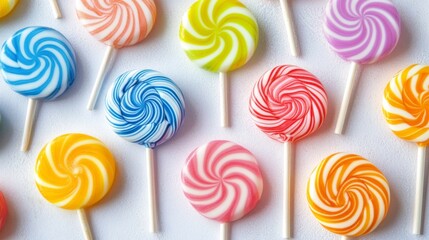 Leinwandbilder - A colorful array of lollipops with vibrant swirls and patterns, arranged on a white surface to showcase their bright, eye-catching designs.