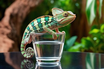 Chameleon Relaxing on Glass Cup Surrounded by Water in Lush Natural Environment