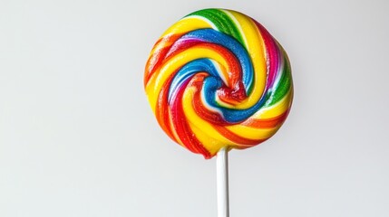 Leinwandbilder - A detailed close-up of a lollipop with a spiral design and vibrant hues, with a white backdrop enhancing its glossy texture and cheerful appearance.
