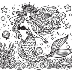  Little cute mermaid coloring page Coloring book for kids vector illustration