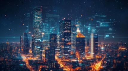 Aufkleber - A futuristic cityscape with illuminated skyscrapers and advanced technology elements integrated into the architecture, set against a night sky