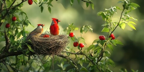 Wall Mural - Birds building a nest in a tree 