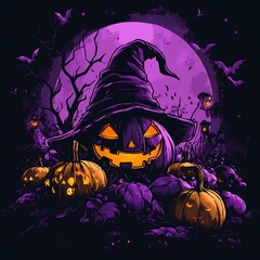 Wall Mural - Jack-O'-Lantern with Witch Hat under Purple Moon