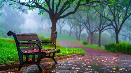 Sticker - A bench under the trees, with autumn leaves