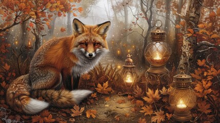 Sticker - A whimsical fox in an autumn forest