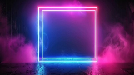 Wall Mural - Neon square light frame with colorful smoke background in dark setting