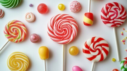 Leinwandbilder - A high-resolution image of multiple lollipops with different flavors and shapes, artistically scattered on a white surface to emphasize their variety and fun.