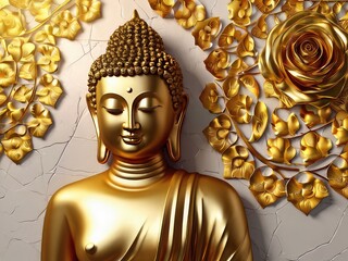 Wall Mural - 3d Illustration for wall,golden buddha statue,golden buddha face with background,portrait of a woman with a bouquet of roses,golden ornament on a wall	