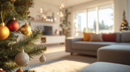 A cozy living room with a Christmas tree decorated with lights and ornaments