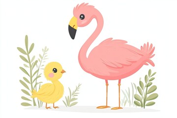 Wall Mural - Cute cartoon flamingo and chick characters tropical birds, cartoon vector illustration for children