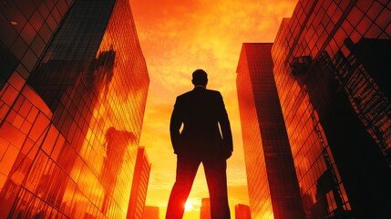 A silhouette of a man standing between two skyscrapers during sunset.