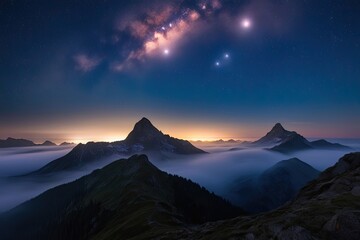 Wall Mural - Enchanting Night Sky Above Mountain Summits with Ethereal Light and Mist