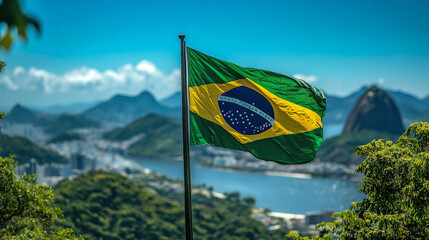 Brazilian flag with Rio de Janeiro in the background, Brazil Independence Day, country symbol, landscape, freedom, patriotism, South America, nature, city, blue, green, yellow