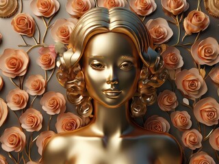 Poster - 3d Illustration for wall,golden buddha statue,golden buddha face with background,portrait of a woman with a bouquet of roses,golden ornament on a wall	