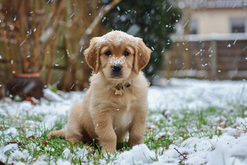 Wall Mural - a puppy sitting in the snow in a yard