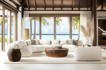 Wall Mural - Luxury polynesian style living room. Emerald color ocean view outside the window. Spacious cozy sofa.