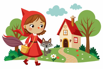 Little red riding hood is walking to grandmother vector art illustration