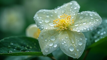 Wall Mural - A close-up of a white flower with water droplets on its petals.