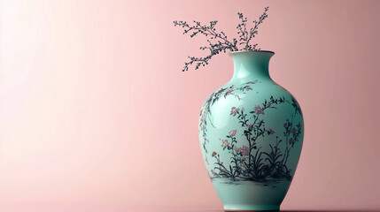 a decorative vase, isolated on a soft pastel gradient background blending pink, lavender, and mint green.